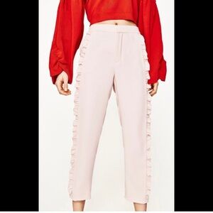 NWOT Zara Woman Pale Pink Ruffle Trim Cropped Trousers, Size XS